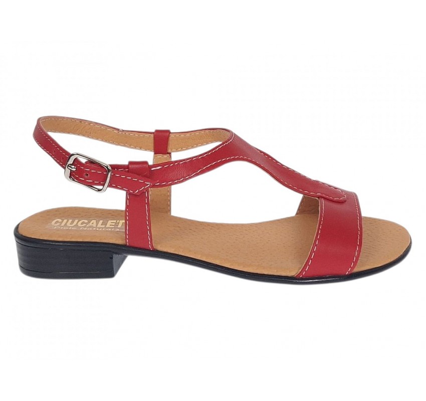 Sandale damă roșii din piele naturală, cu bareta în T și toc mic – feminine, comode S16RBOX