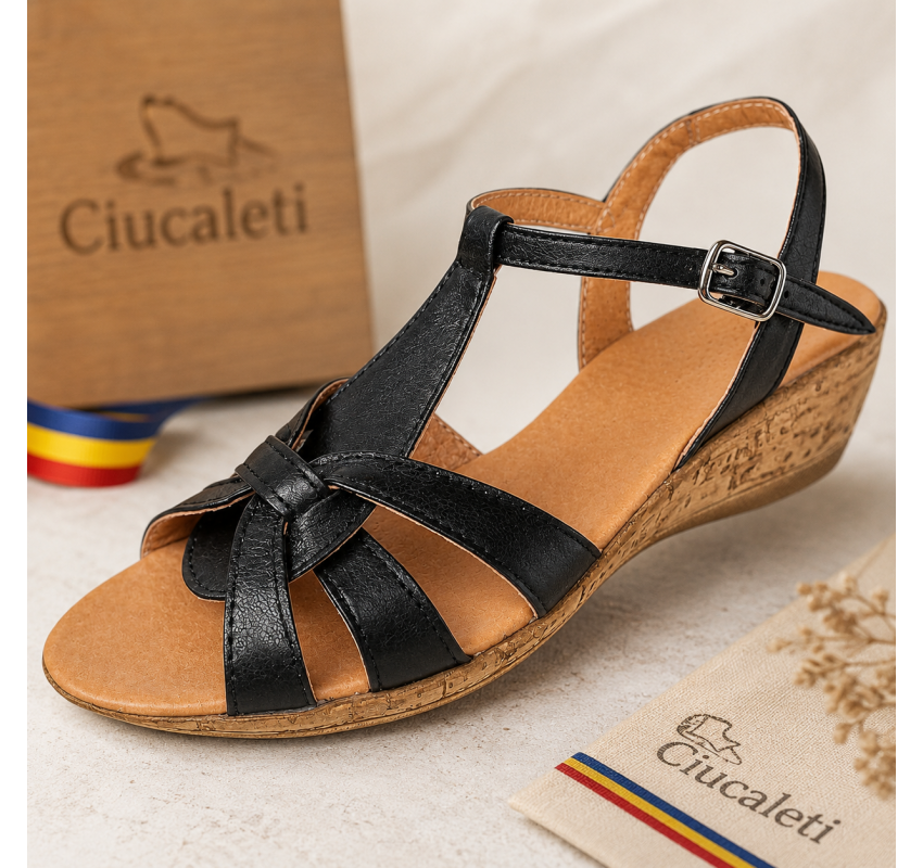 Sandale damă negre din piele naturală, cu baretă reglabilă – feminine, comode și ușor de remarcat S27NB