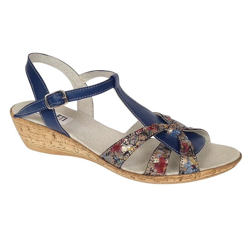 Sandale dama bleumarin din piele naturala, cu detalii multicolore si talpa tip pana – feminine, vesele S27XBL