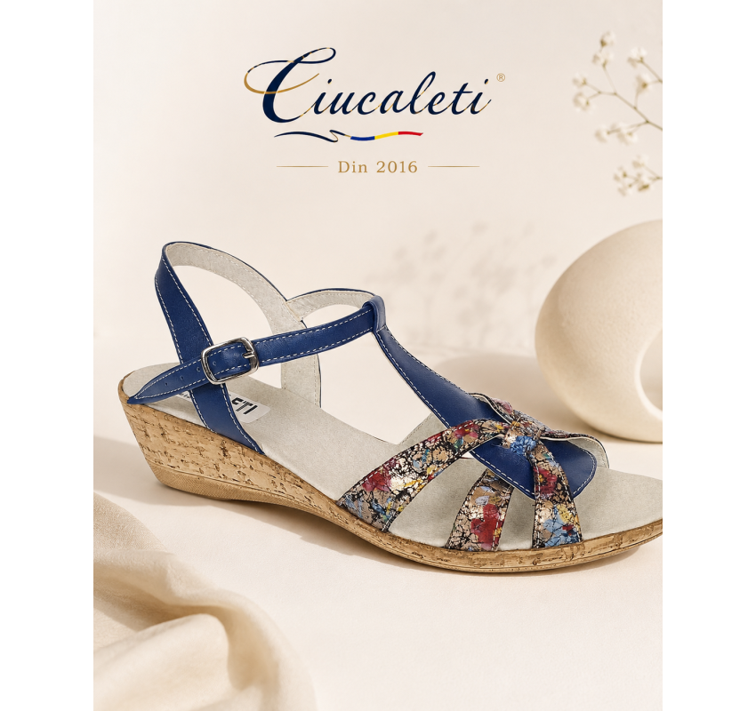Sandale dama bleumarin din piele naturala, cu detalii multicolore si talpa tip pana – feminine, vesele S27XBL