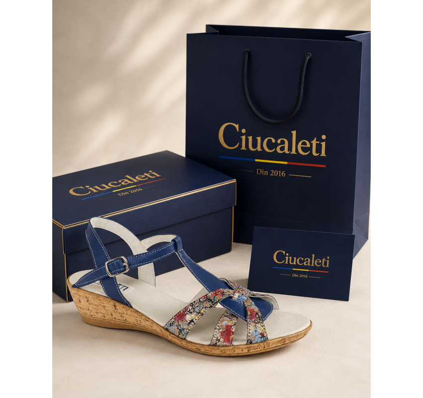 Sandale dama bleumarin din piele naturala, cu detalii multicolore si talpa tip pana – feminine, vesele S27XBL