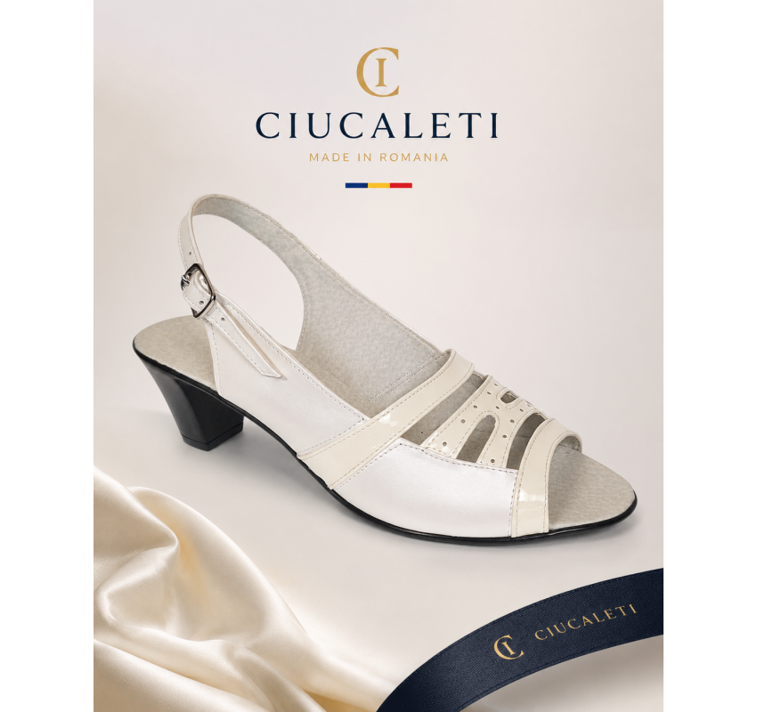 Sandale dama albe din piele naturala cu lac, toc mediu si bareta reglabila – elegante, feminine S33LA