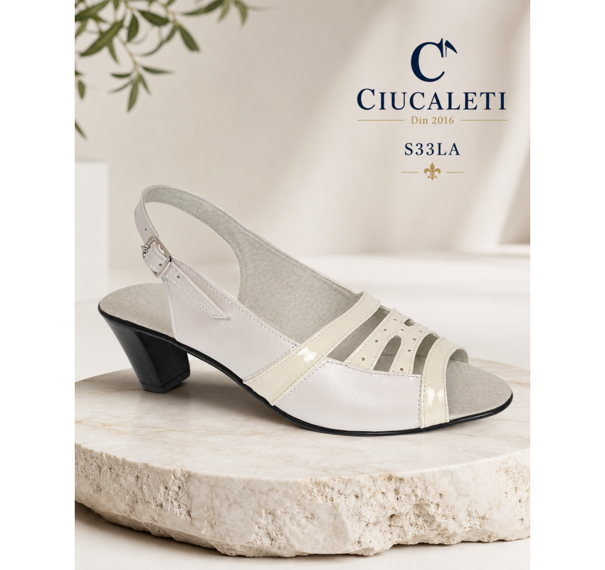 Sandale dama albe din piele naturala cu lac, toc mediu si bareta reglabila – elegante, feminine S33LA