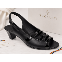 Sandale dama negre din piele naturala box cu lac, toc mediu comod – S33LN