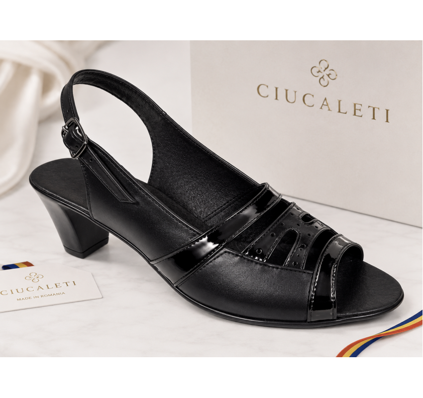 Sandale dama negre din piele naturala box cu lac, toc mediu comod – S33LN