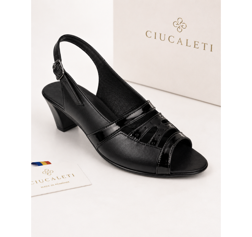 Sandale dama negre din piele naturala box cu lac, toc mediu comod – S33LN