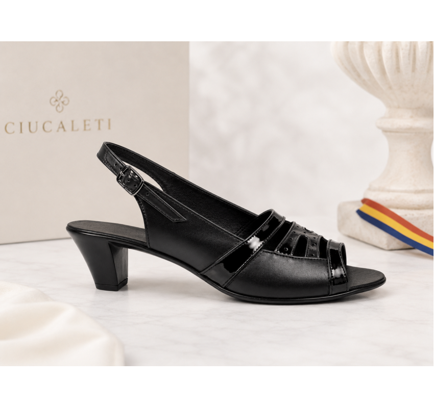 Sandale dama negre din piele naturala box cu lac, toc mediu comod – S33LN