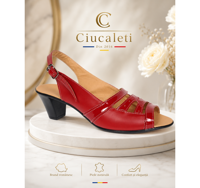 Sandale dama rosii din piele naturala box cu lac, toc mediu comod – S33LR