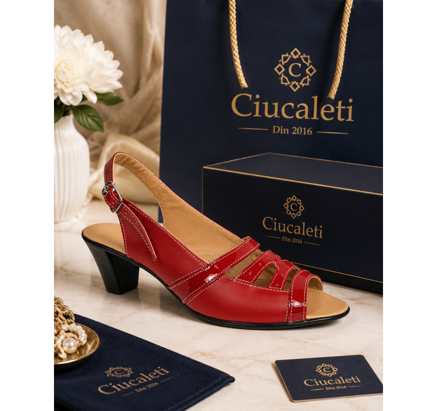 Sandale dama rosii din piele naturala box cu lac, toc mediu comod – S33LR