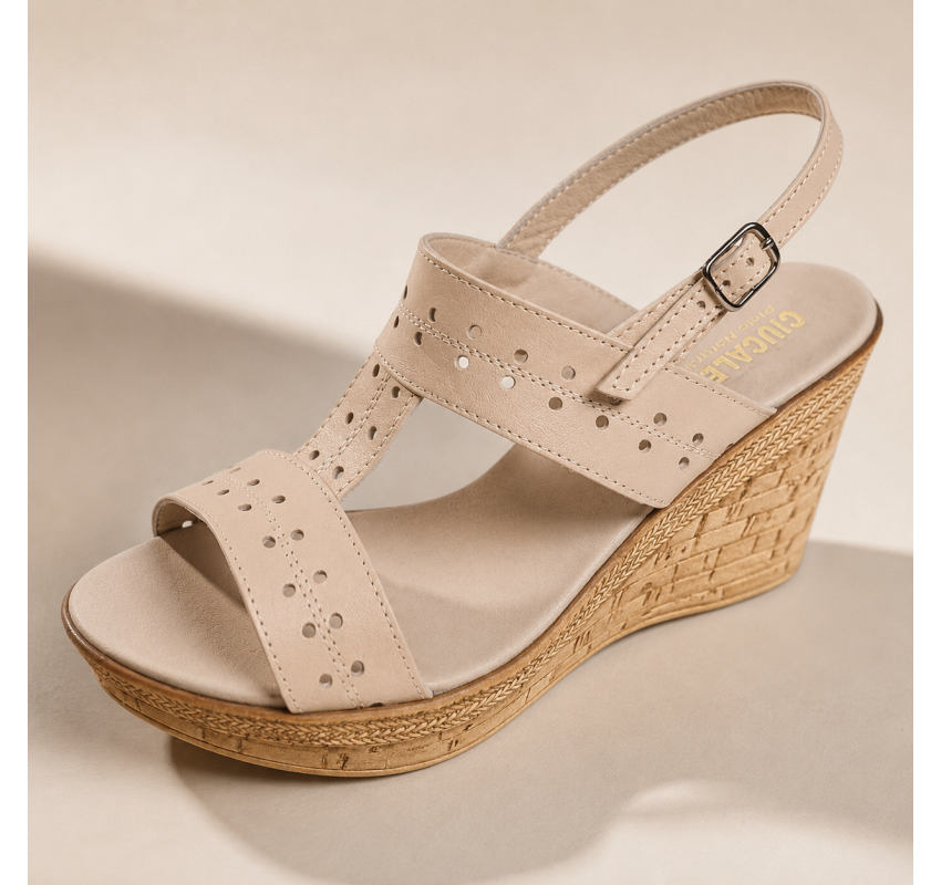 Sandale dama bej din piele naturala box cu platforme de 8 cm S46BEJBOX