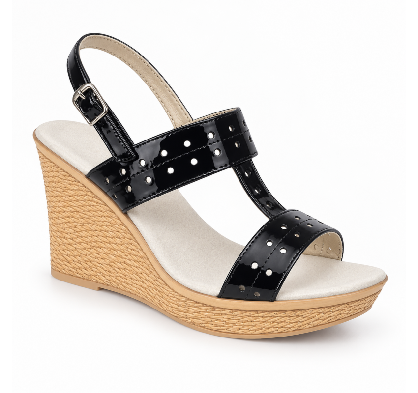 Sandale dama negre din piele naturala lacuita cu platforma 9 cm S46N2L