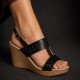 Sandale damă negre din piele naturală, platformă tip pană – perforate, elegante și comode S46NBOX