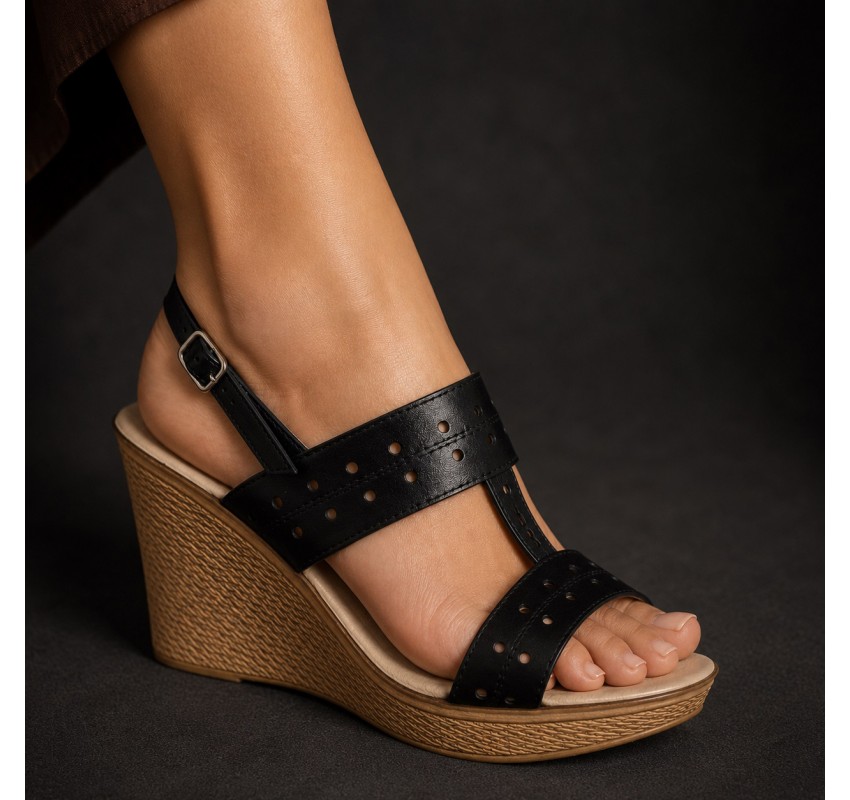 Sandale damă negre din piele naturală, platformă tip pană – perforate, elegante și comode S46NBOX