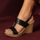 Sandale damă negre din piele naturală, platformă tip pană – perforate, elegante și comode S46NBOX