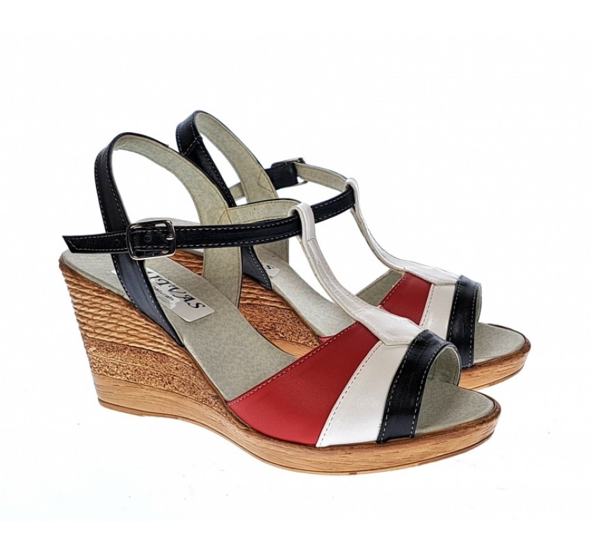 Sandale dama, din piele naturala, Platforme 8cm, negru-alb-rosu, piele box - S47NARBOX