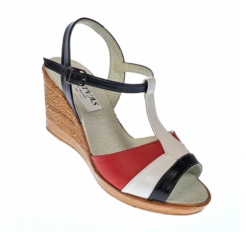 Sandale dama, din piele naturala, Platforme 8cm, negru-alb-rosu, piele box - S47NARBOX