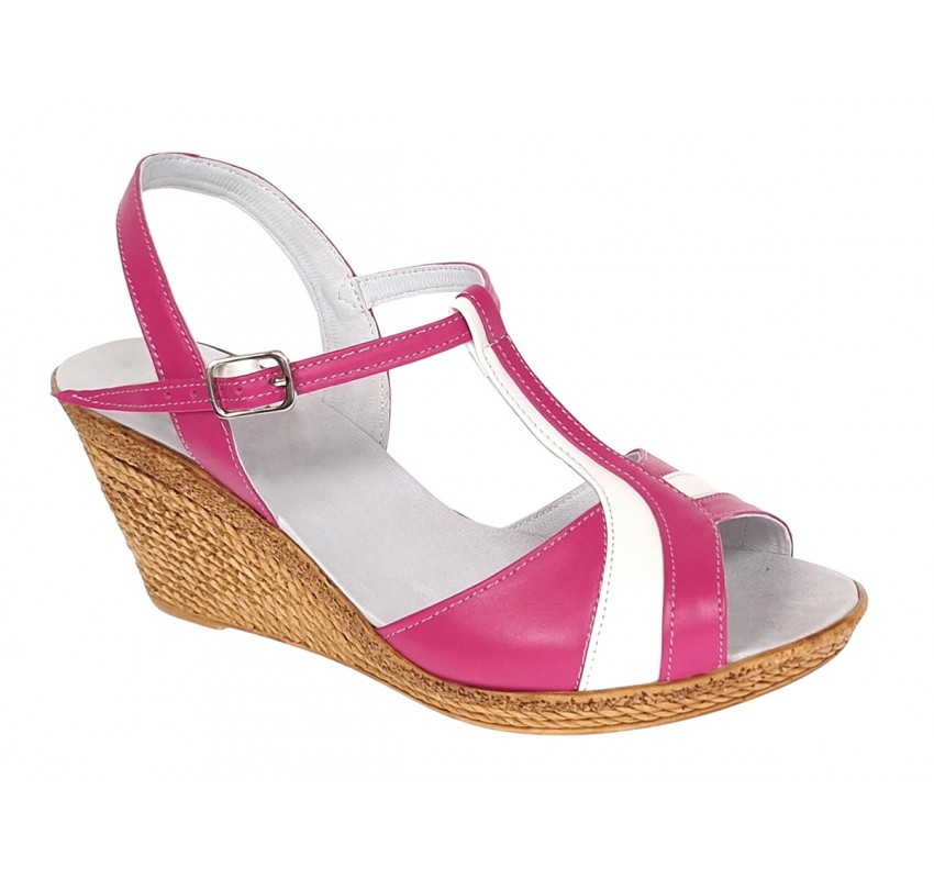 Sandale dama din piele naturala Roz cu Alb - Model cu toc de 7cm S61ROZ