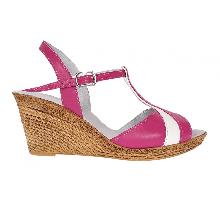 Sandale dama din piele naturala Roz cu Alb - Model cu toc de 7cm S61ROZ
