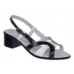 Sandale dama din piele naturala lacuita in doua culori alb negru Sara