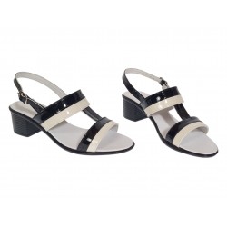 Sandale dama elegante bej cu negru, piele naturala lacuita, toc 5cm comod S7NBEJLAC