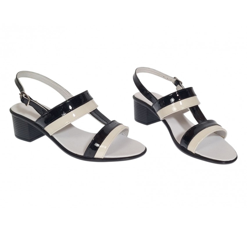 Sandale dama elegante bej cu negru, piele naturala lacuita, toc 5cm comod S7NBEJLAC