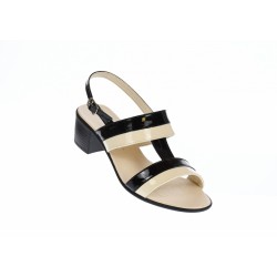 Sandale dama din piele naturala lacuita Negru si Bej S7NBEJLAC