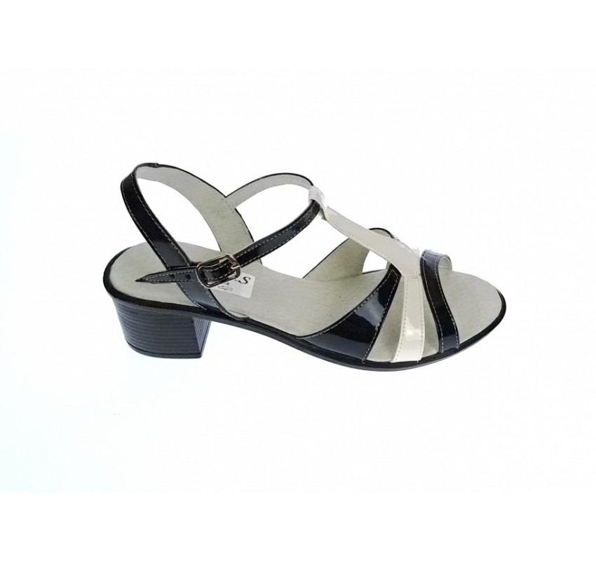 Sandale dama din piele naturala lacuita, Negru, Alb, S81AN Sandale dama din piele naturala lacuita, Negru, Alb, S81AN