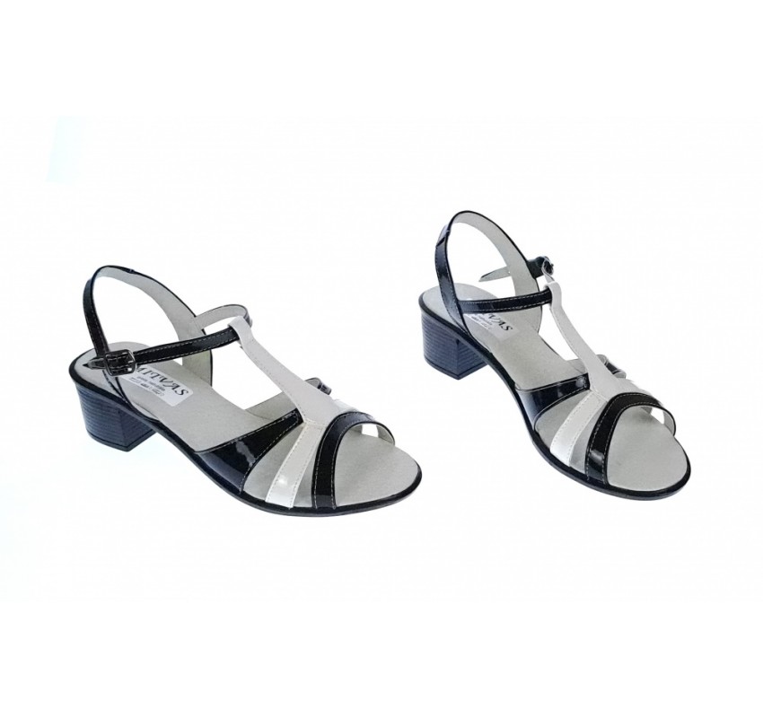 Sandale dama din piele naturala lacuita, Negru, Alb, S81AN Sandale dama din piele naturala lacuita, Negru, Alb, S81AN