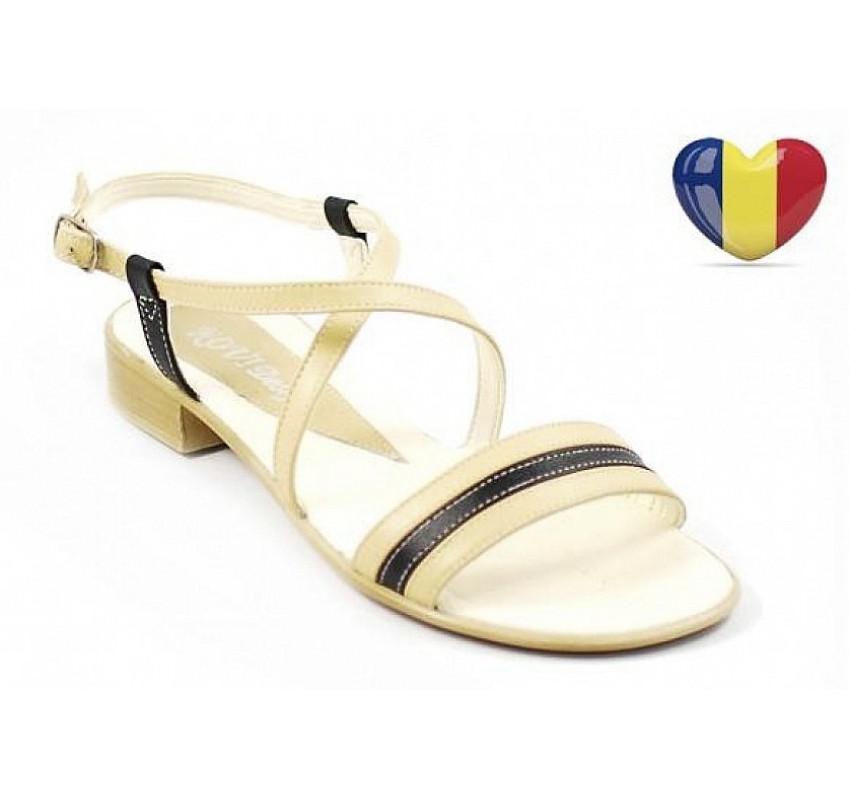 Sandale dama casual din piele naturala Bej cu Negru S8NBEJ