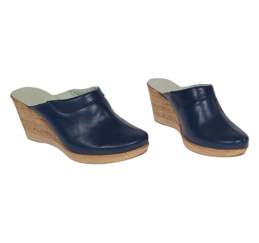 Saboti dama bleumarin din piele naturala cu platforme de 7 cm - SAB50BL