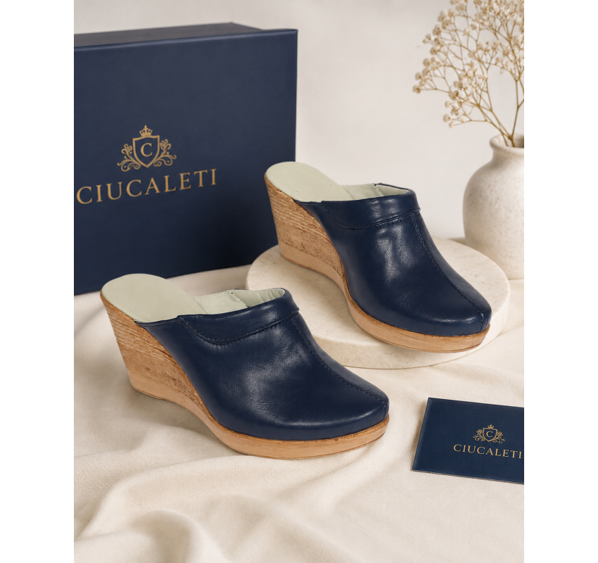 Saboti dama bleumarin din piele naturala cu platforme de 7 cm - SAB50BL