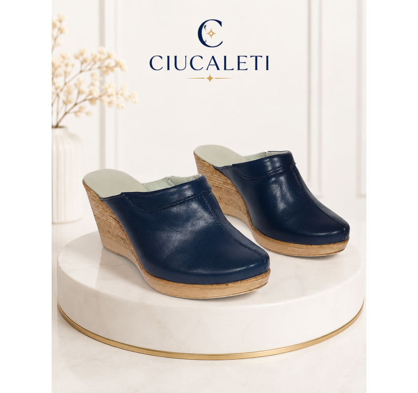 Saboti dama bleumarin din piele naturala cu platforme de 7 cm - SAB50BL