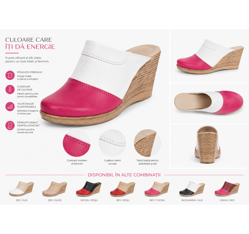 Saboti dama din piele naturala Fucsia - Alb cu talpa tip pana  SB50FA