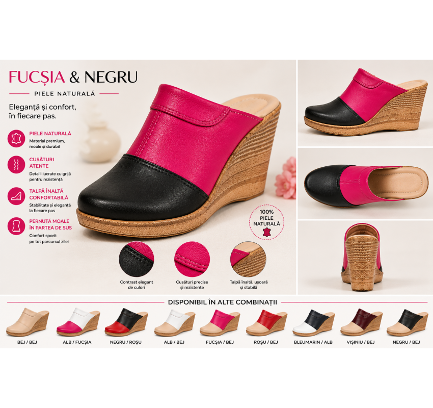 Saboti dama din piele naturala Negru - Fucsia cu talpa tip pana  SB50NF