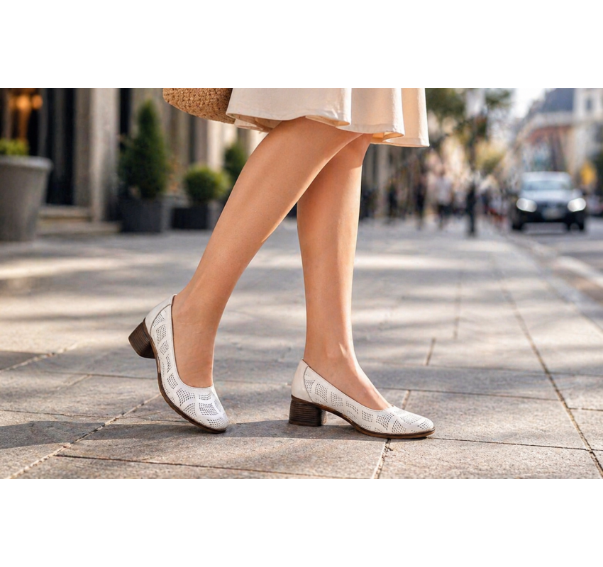 Pantofi dama albi din piele naturala cu perforatii elegante si toc comod maro SCV357A