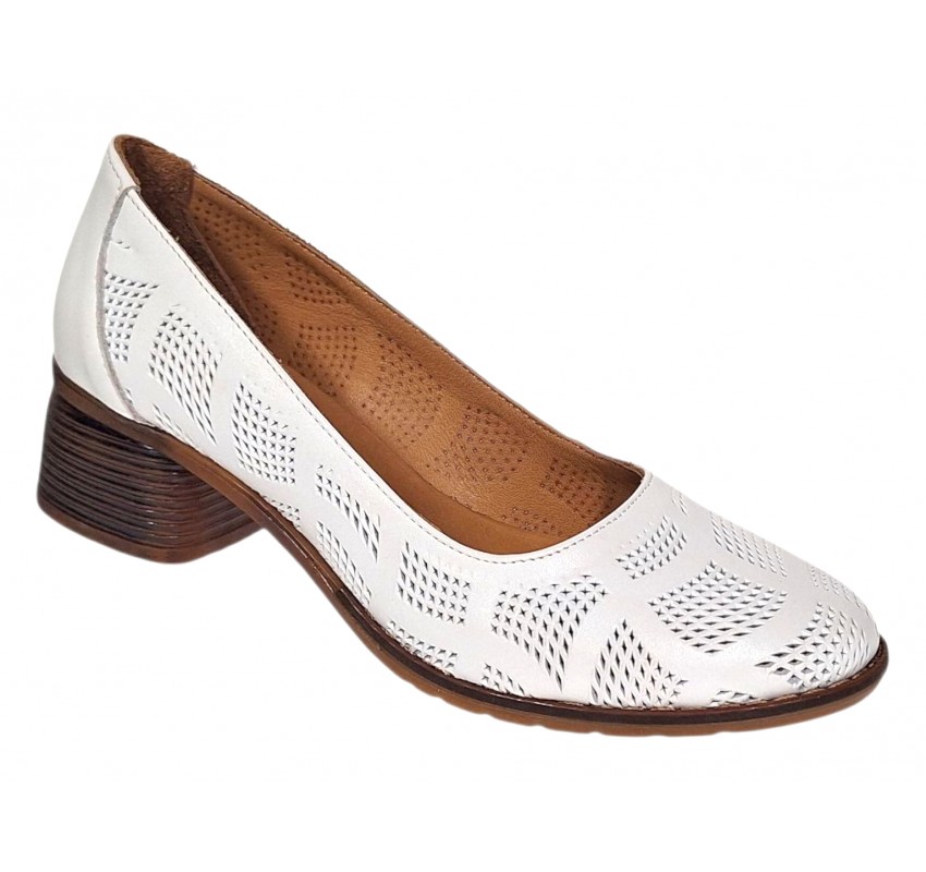 Pantofi dama albi perforati din piele naturala cu toc comod SCV357A