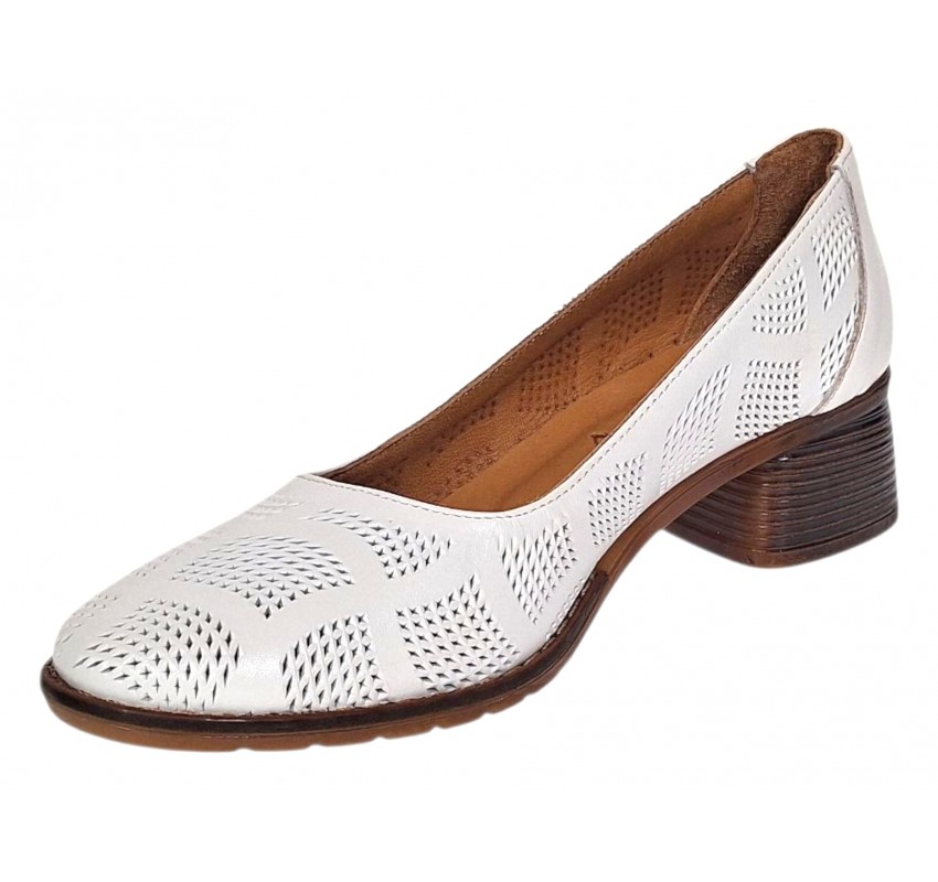 Pantofi dama albi din piele naturala cu perforatii elegante si toc comod maro SCV357A