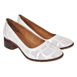 Pantofi dama albi perforati din piele naturala cu toc comod SCV357A