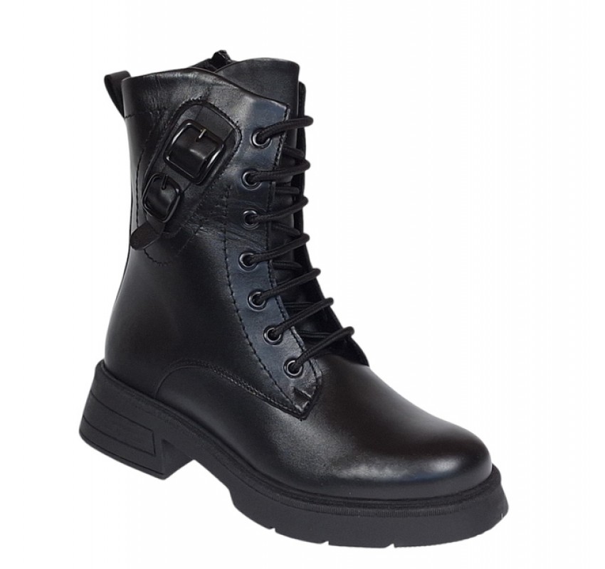 Ghete dama casual din piele naturala cu siret si fermoar Negru LDY 970N