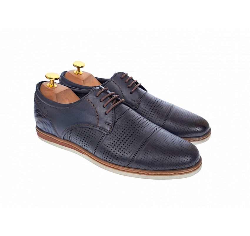 Pantofi barbati eleganti din piele naturala cu perforatii, bleumarin - SIR213GBL