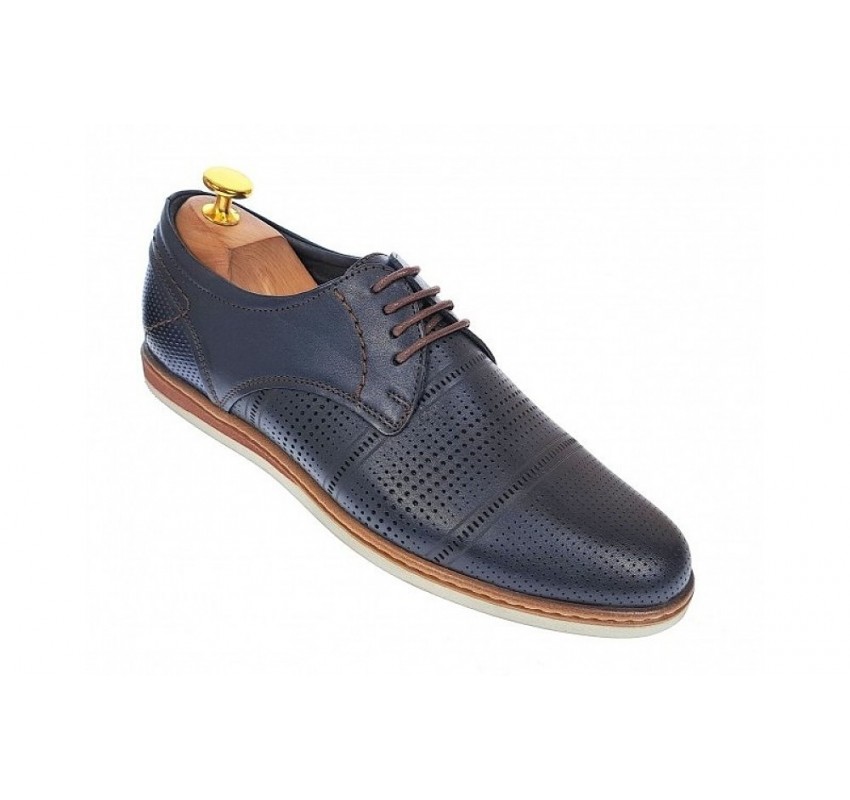 Pantofi barbati eleganti din piele naturala cu perforatii, bleumarin - SIR213GBL