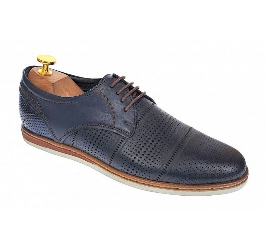 Pantofi barbati eleganti din piele naturala cu perforatii, bleumarin - SIR213GBL