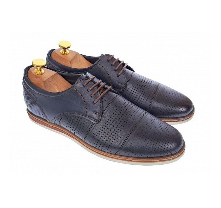 Pantofi barbati eleganti din piele naturala cu perforatii, bleumarin - SIR213GBL