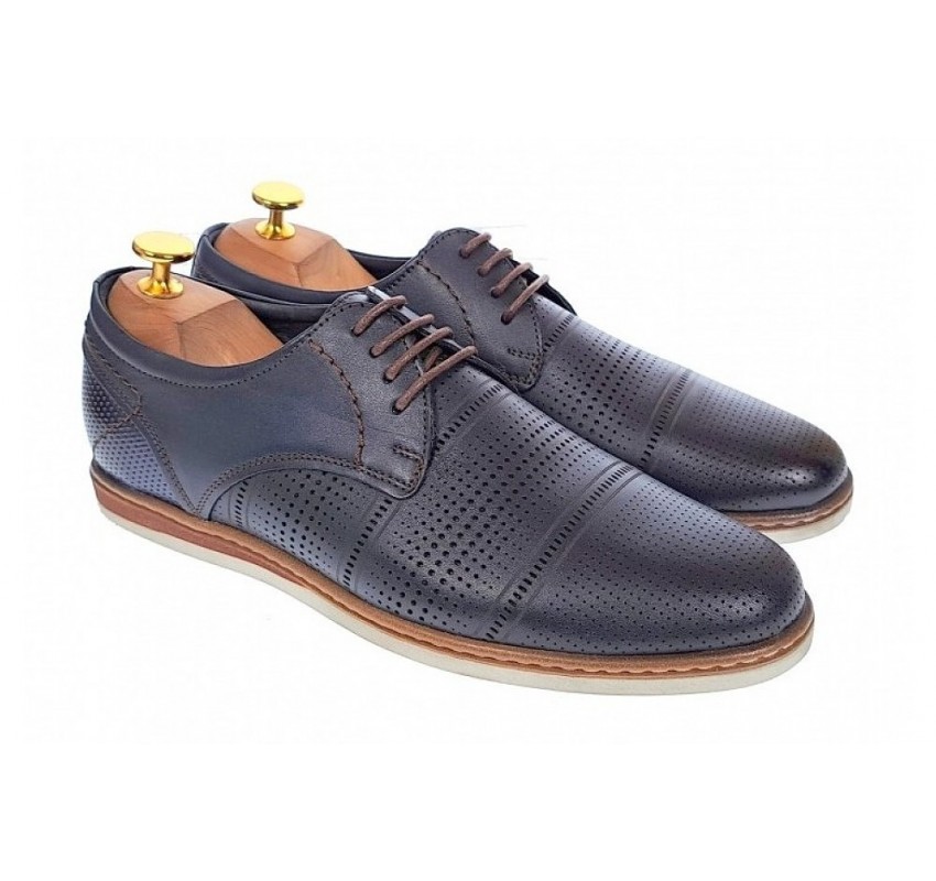 Pantofi barbati eleganti din piele naturala cu perforatii, bleumarin - SIR213GBL