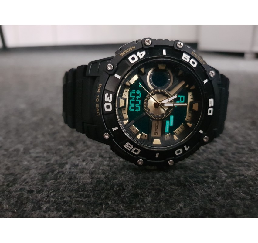 Ceas de mana barbati sport Q&Q Dual Time, cu sistem digital si analog negru cu auriu - TA9034 Ceas de mana barbati sport Q&Q Dual Time, cu sistem digital si analog negru cu auriu - TA9034