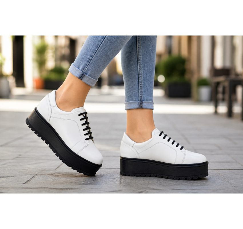Marimea 37 Pantofi dama casual albi din piele naturala - Un plus stabil de inaltime