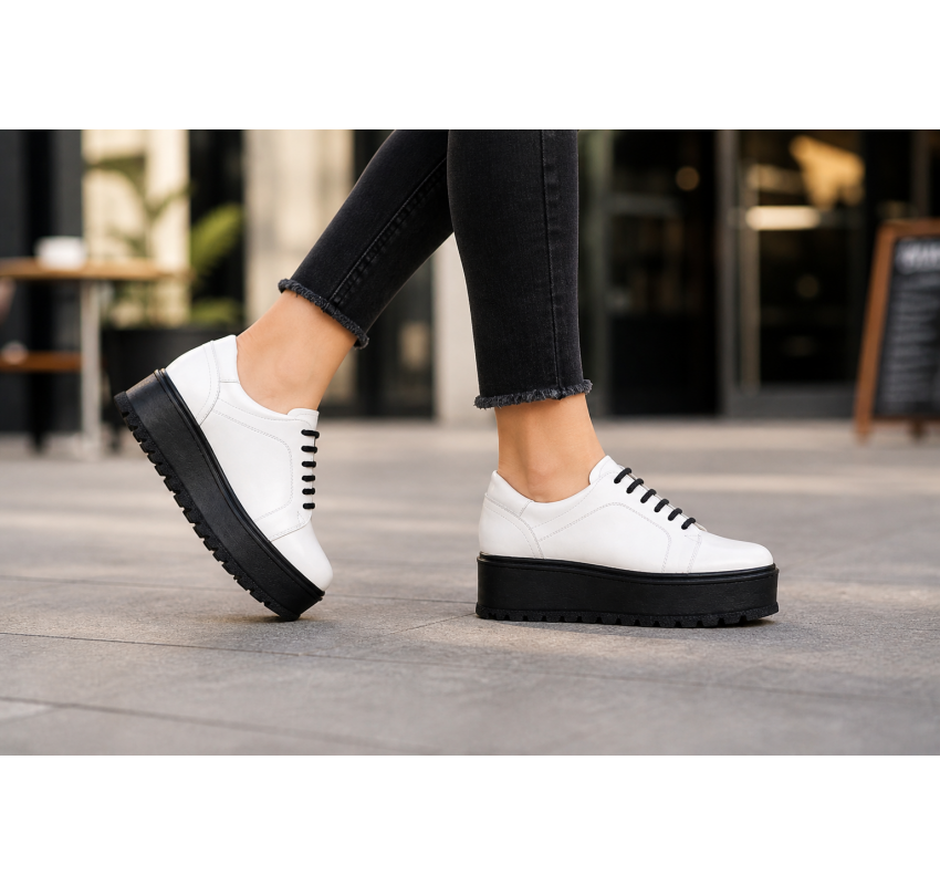 Marimea 37 Pantofi dama casual albi din piele naturala - Un plus stabil de inaltime