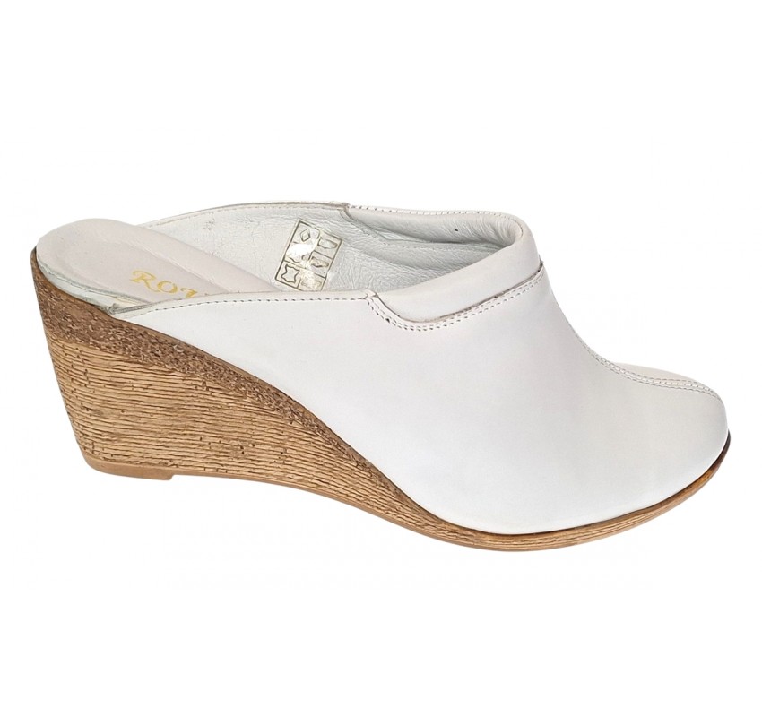 Saboti dama albi din piele naturala, platforme de 7 cm - TEA18ALB